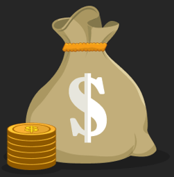 Ícone com um saco de dinheiro e moedas simbolizando um bônus de 50 rodadas grátis